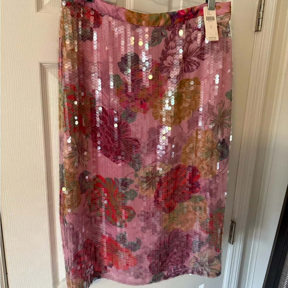 Pink Anthropologie Floral Sequin Pencil Skirt - Picture 2 of 4